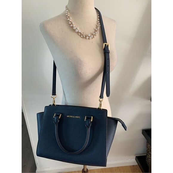 Michael Kors Leather Satchel / Tote Navy Blue - Picture 5 of 12